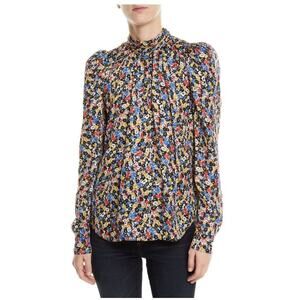Veronica Beard Mena Multi Floral Stretch Silk Mock Neck Top Blouse Puff Sleeve